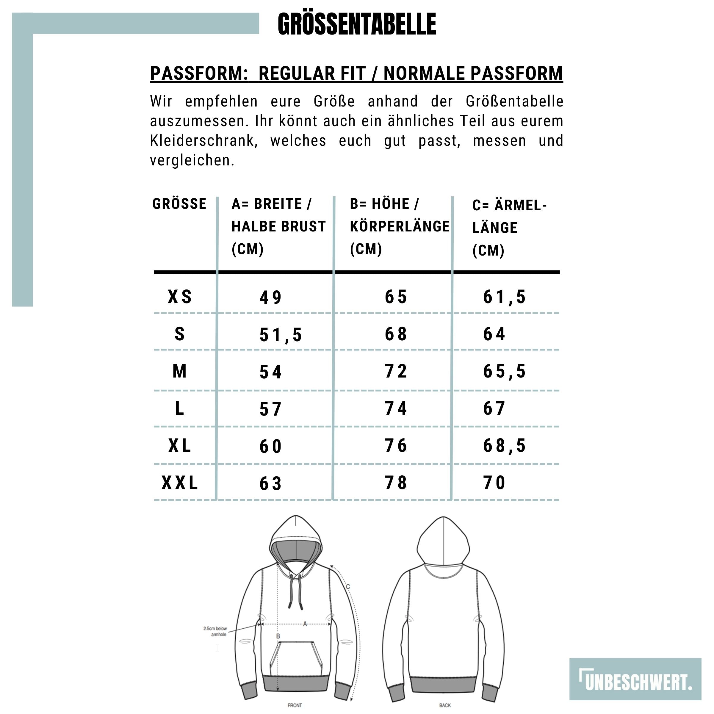 Größentabelle Premium Organic Hoodie teal monstera Sei der Gute