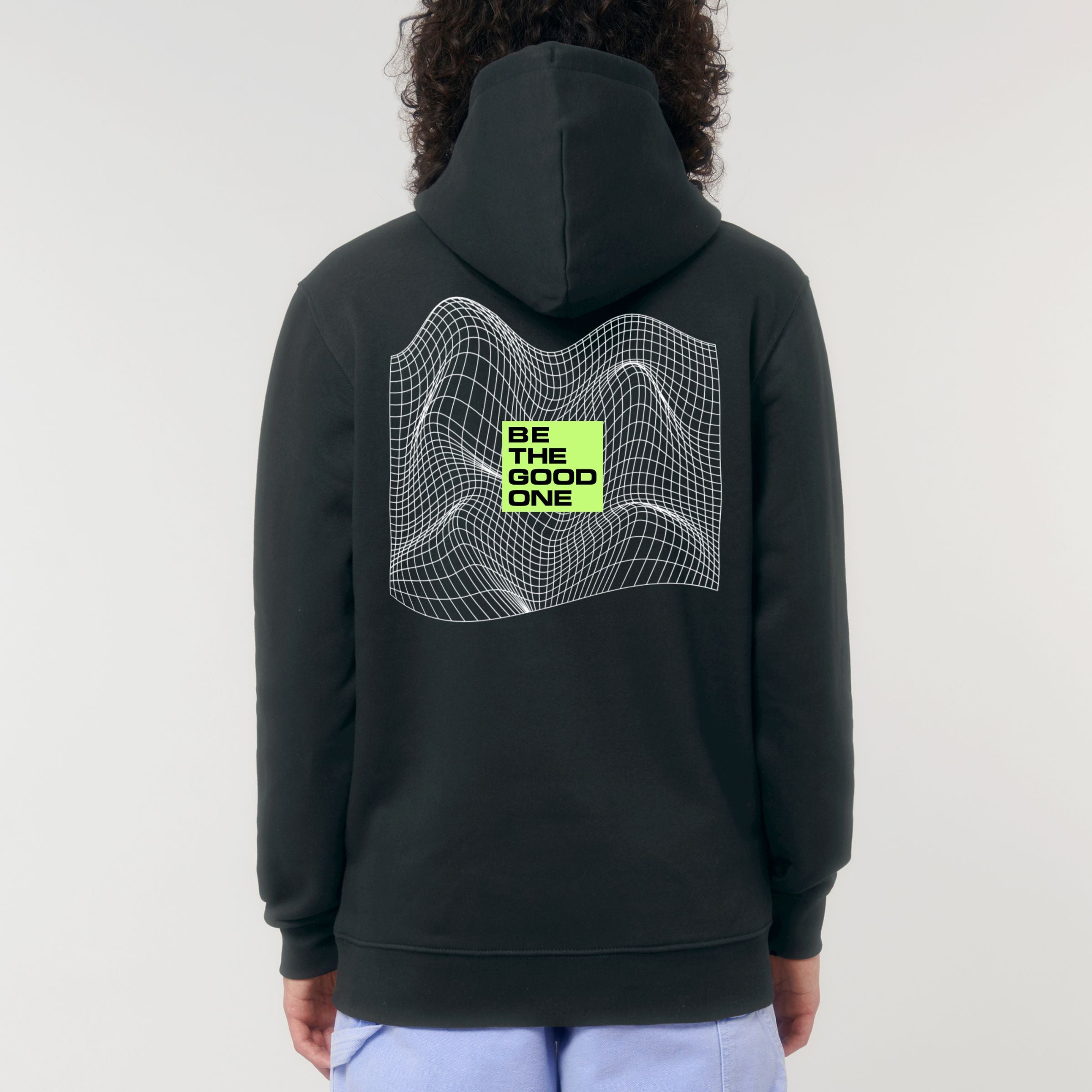 Premium Organic Hoodie BE THE GOOD ONE schwarz Mann Rückenansicht