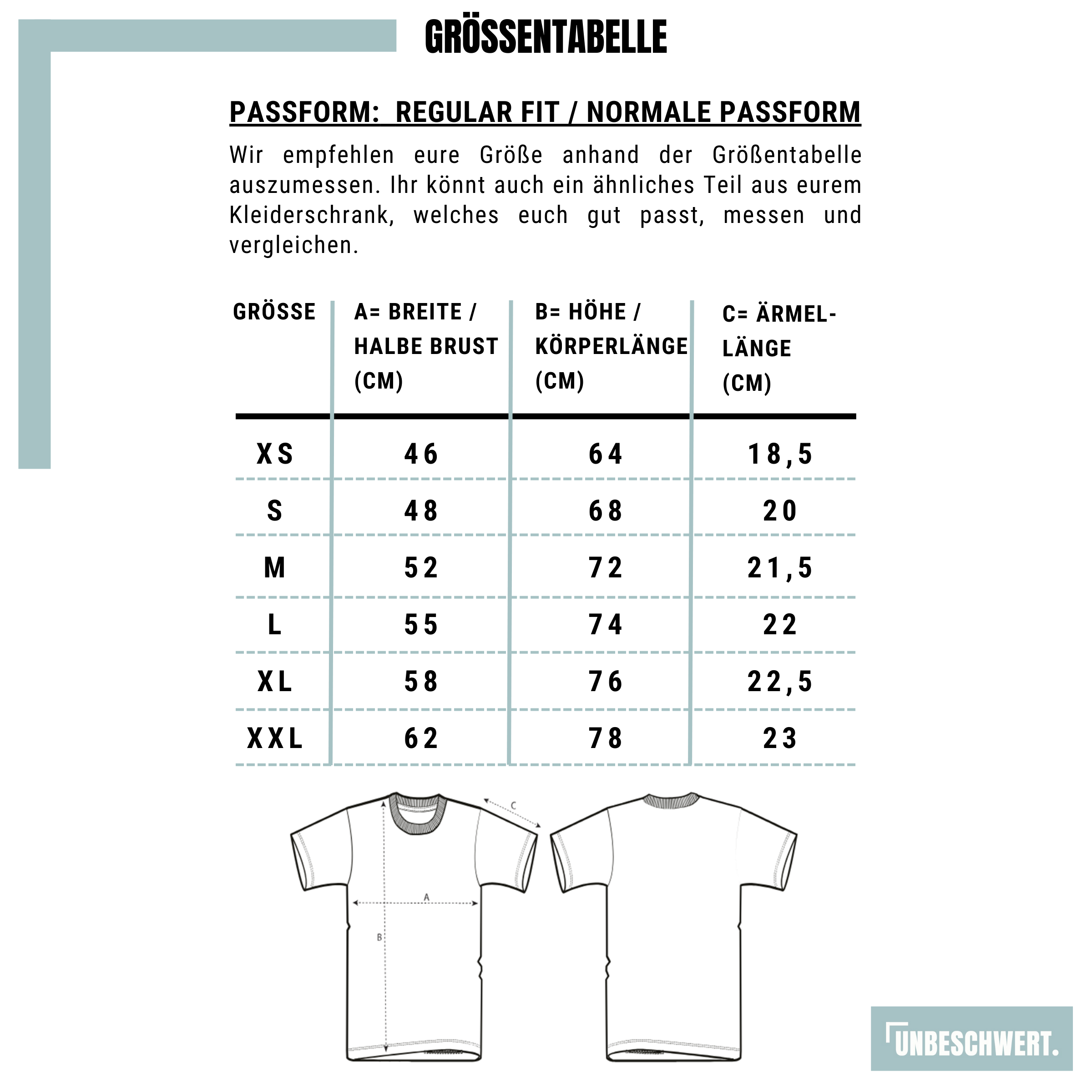Größentabelle T-Shirt 155gr Premium Orgnic von der Marke UNBESCHWERT