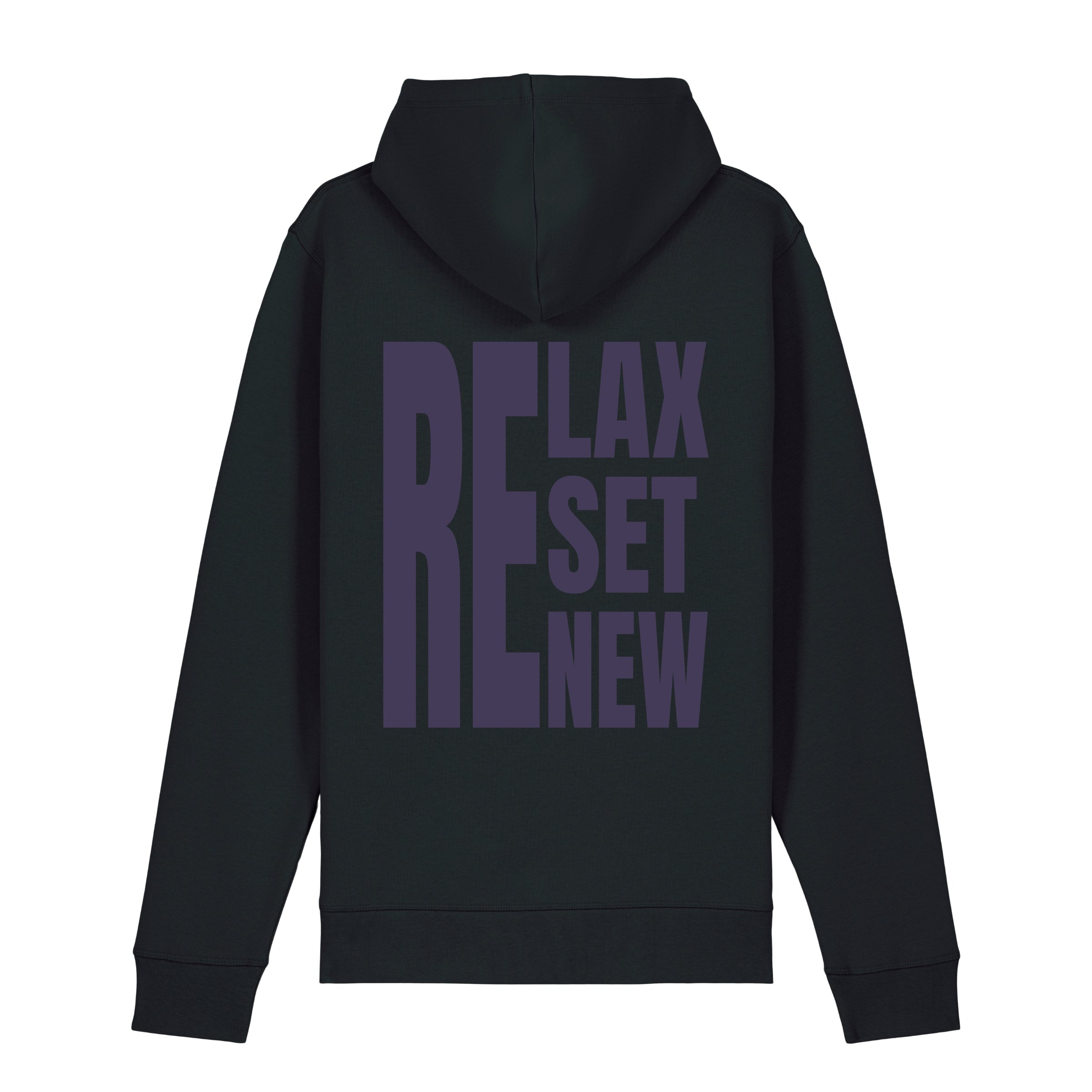 Premium Organic Hoodie RELAX-RESET-RENEW_schwarz Rückenansicht