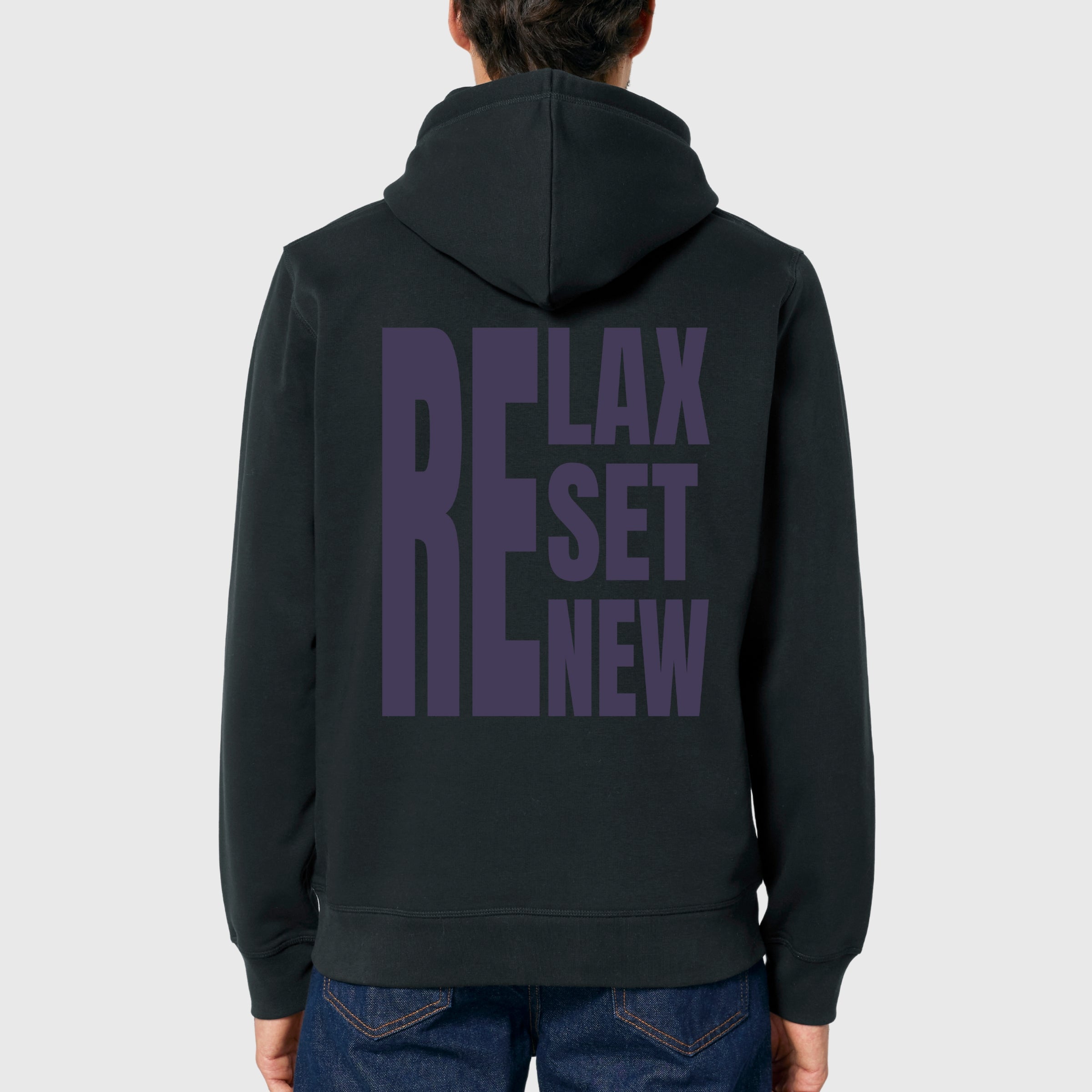 Premium Organic Hoodie RELAX-RESET-RENEW_schwarz Mann Rückenansicht