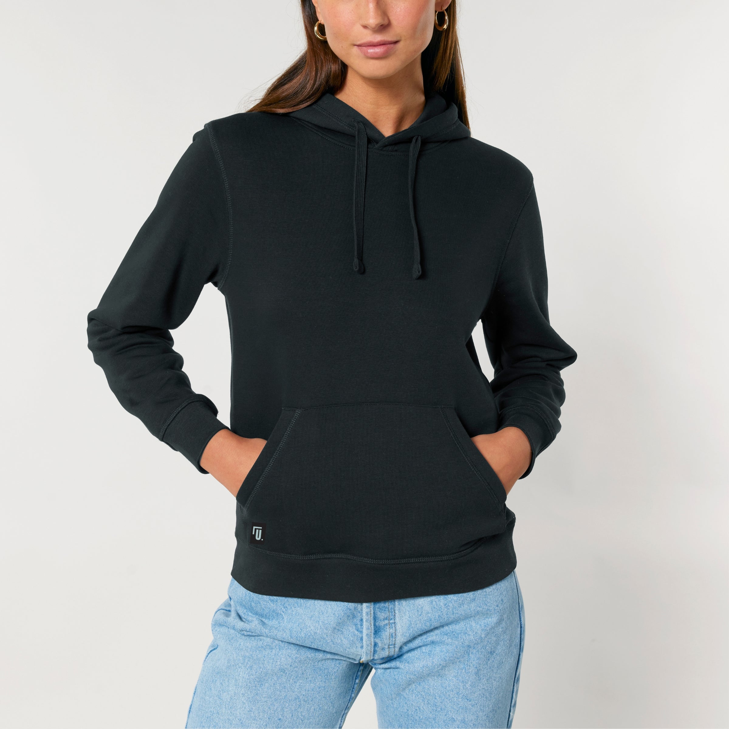 Premium Organic Hoodie RELAX-RESET-RENEW_schwarz Frau Frontansicht