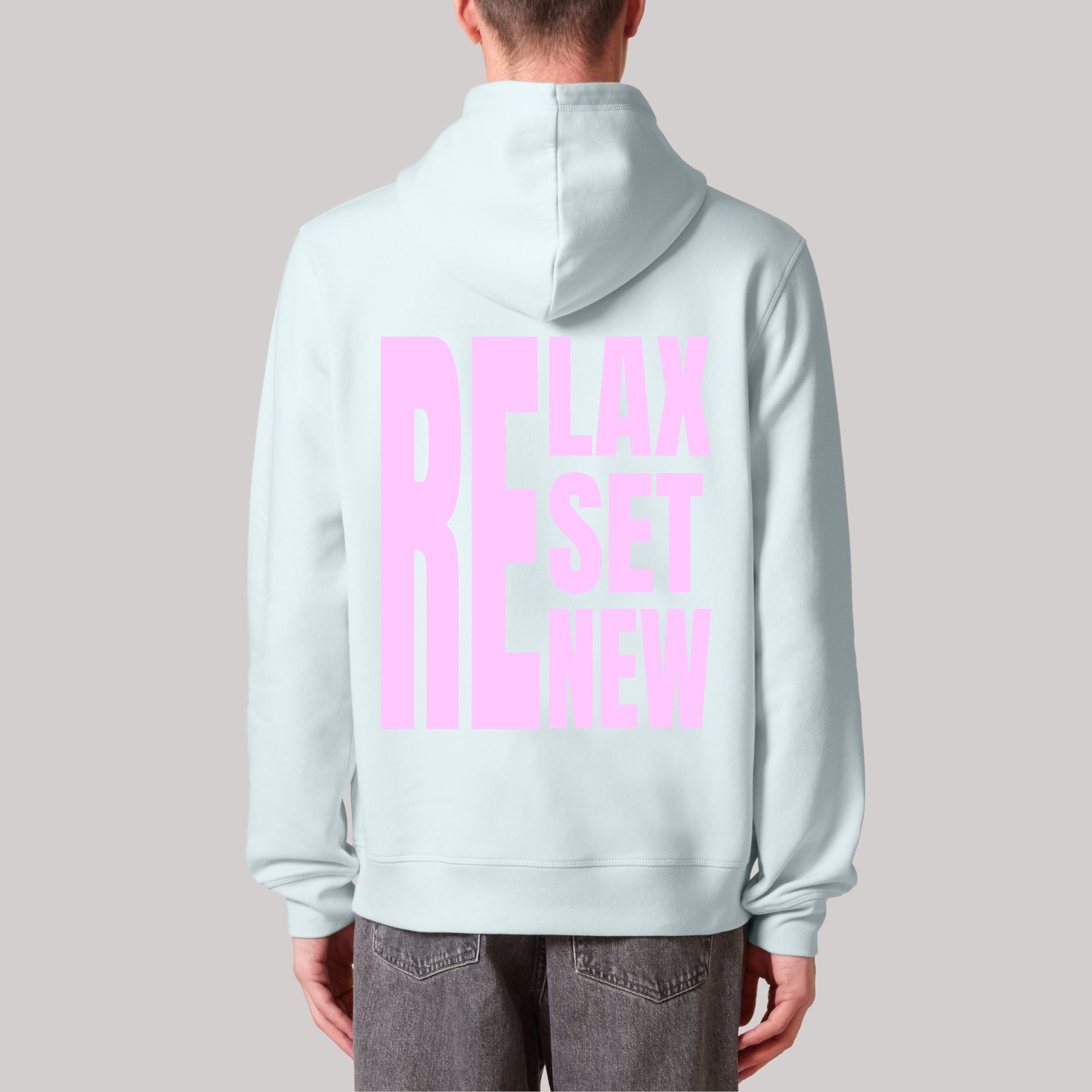 Premium Organic Hoodie RELAX-RESET-RENEW_Blue Ice_ Mann_Rückenansicht