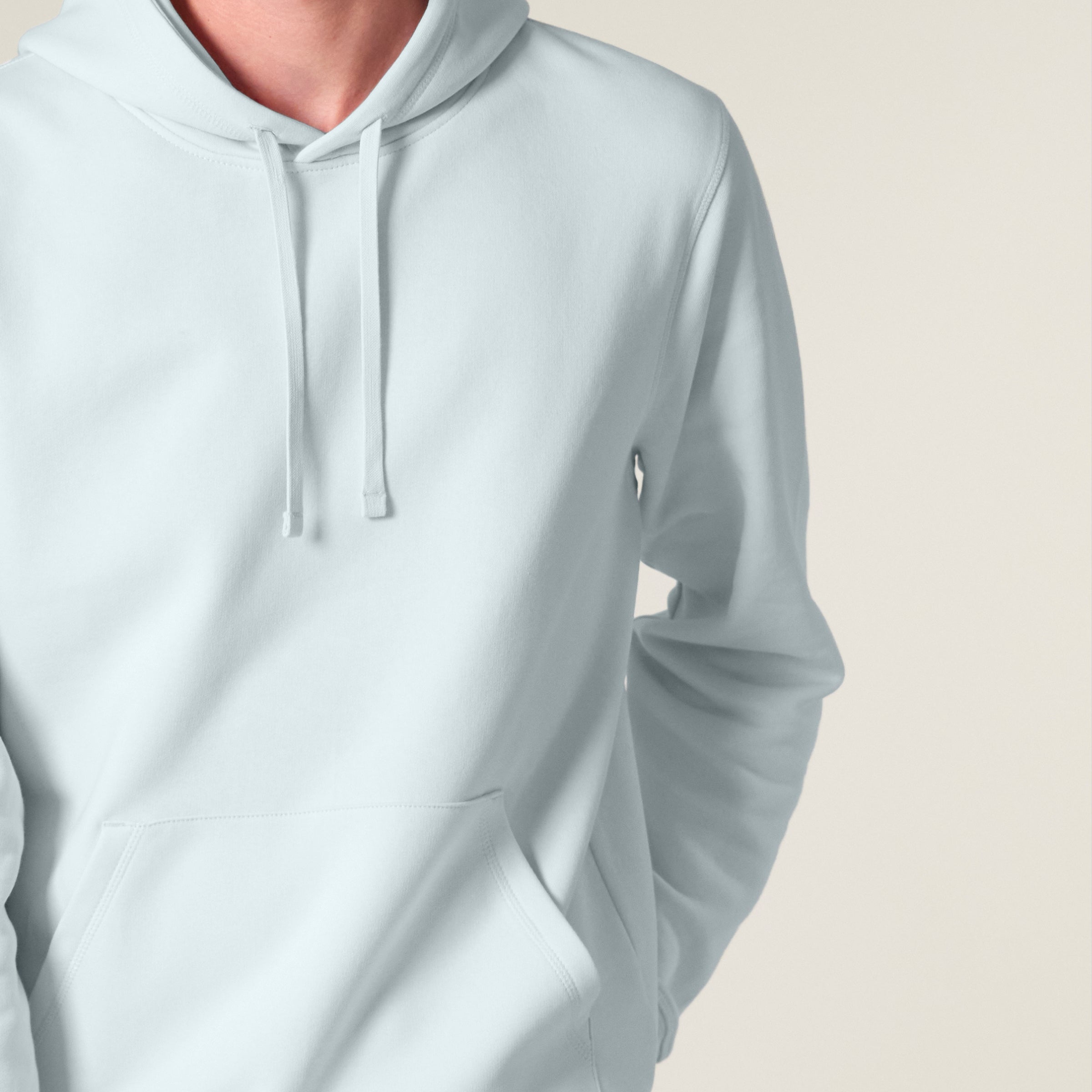 Premium Organic Hoodie RELAX-RESET-RENEW_Blue Ice_ Detail Frontansicht