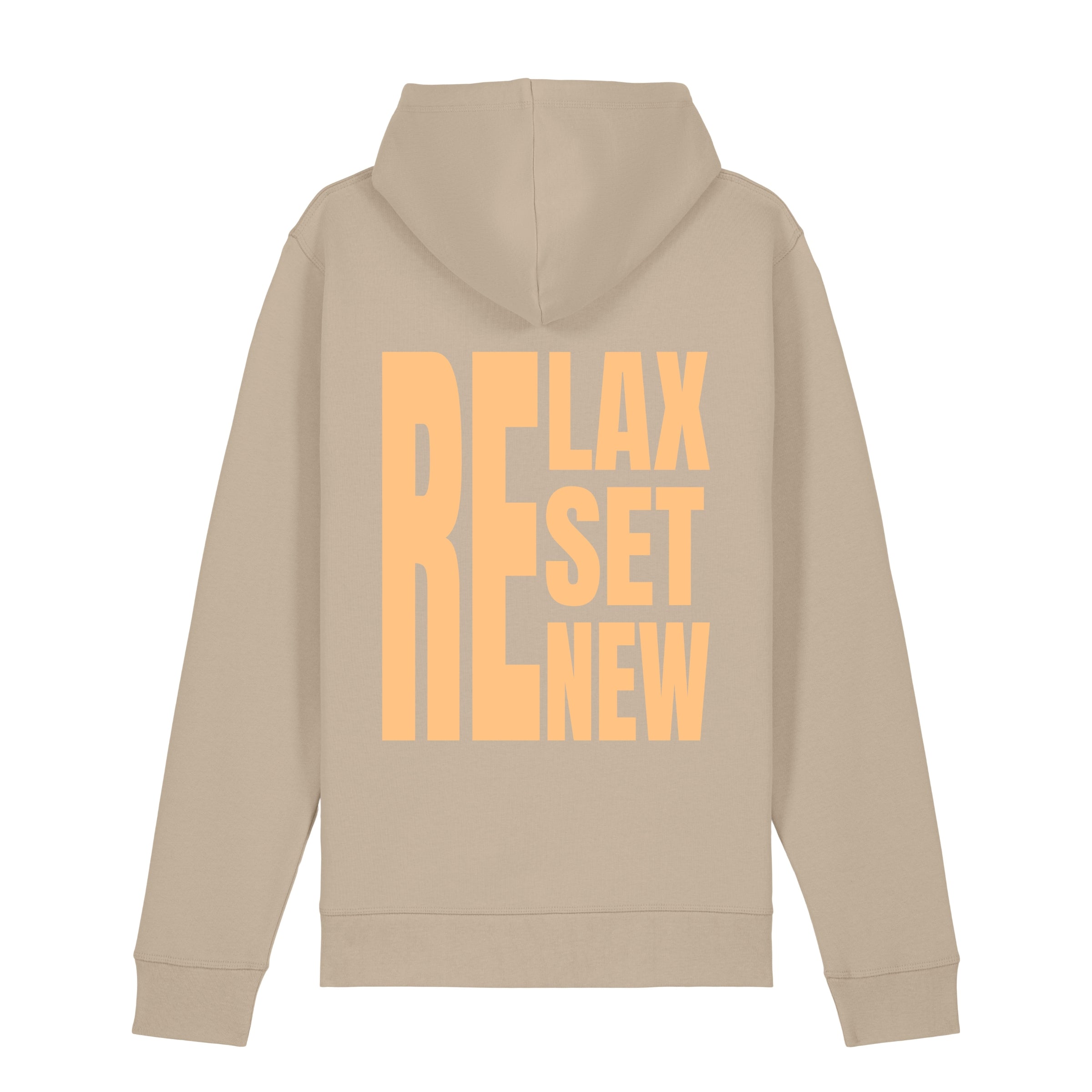 Premium Organic Hoodie RELAX-RESET-RENEW_Desert Dust_ Rückenansicht