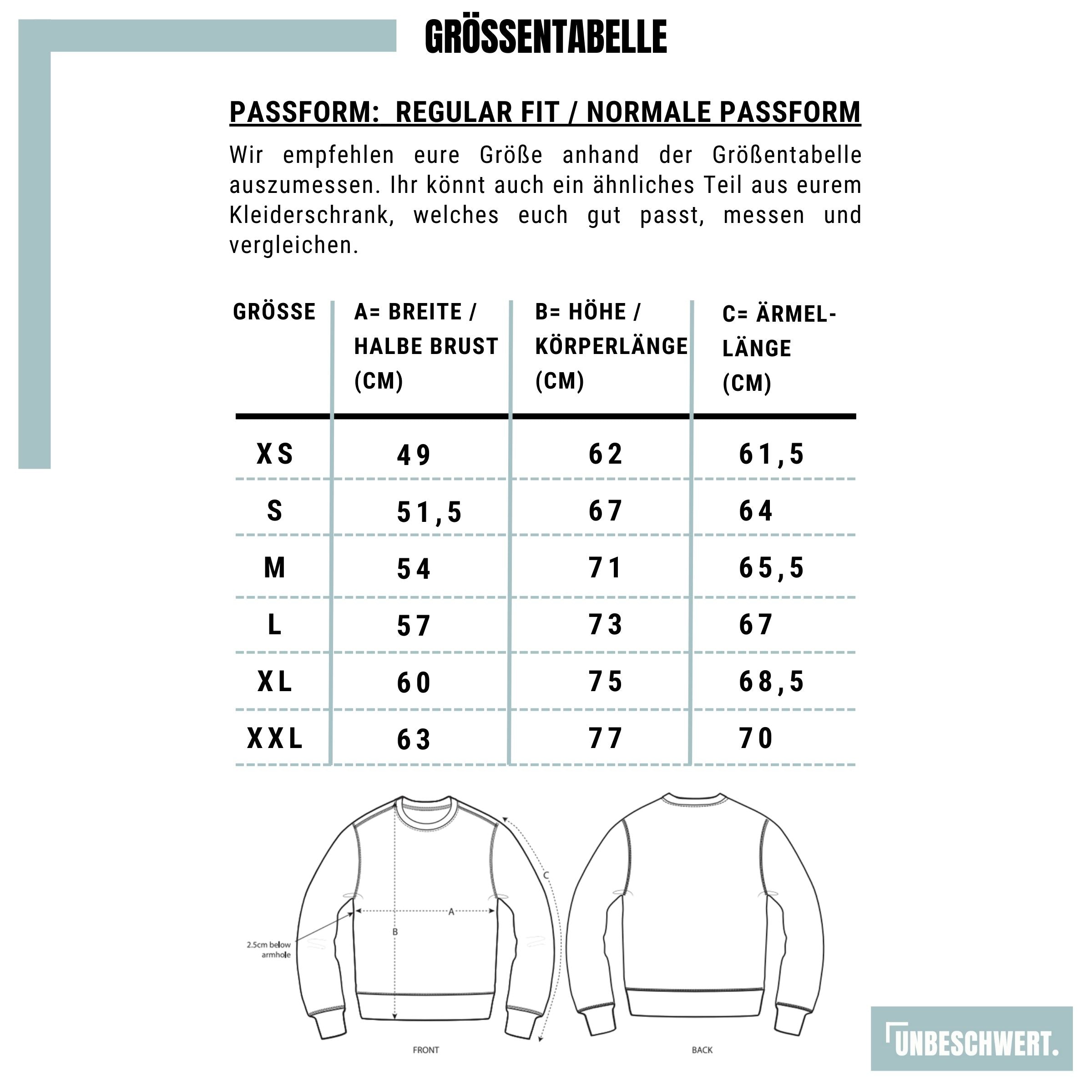 Größentabelle Premium Organic Sweatshirt Unisex