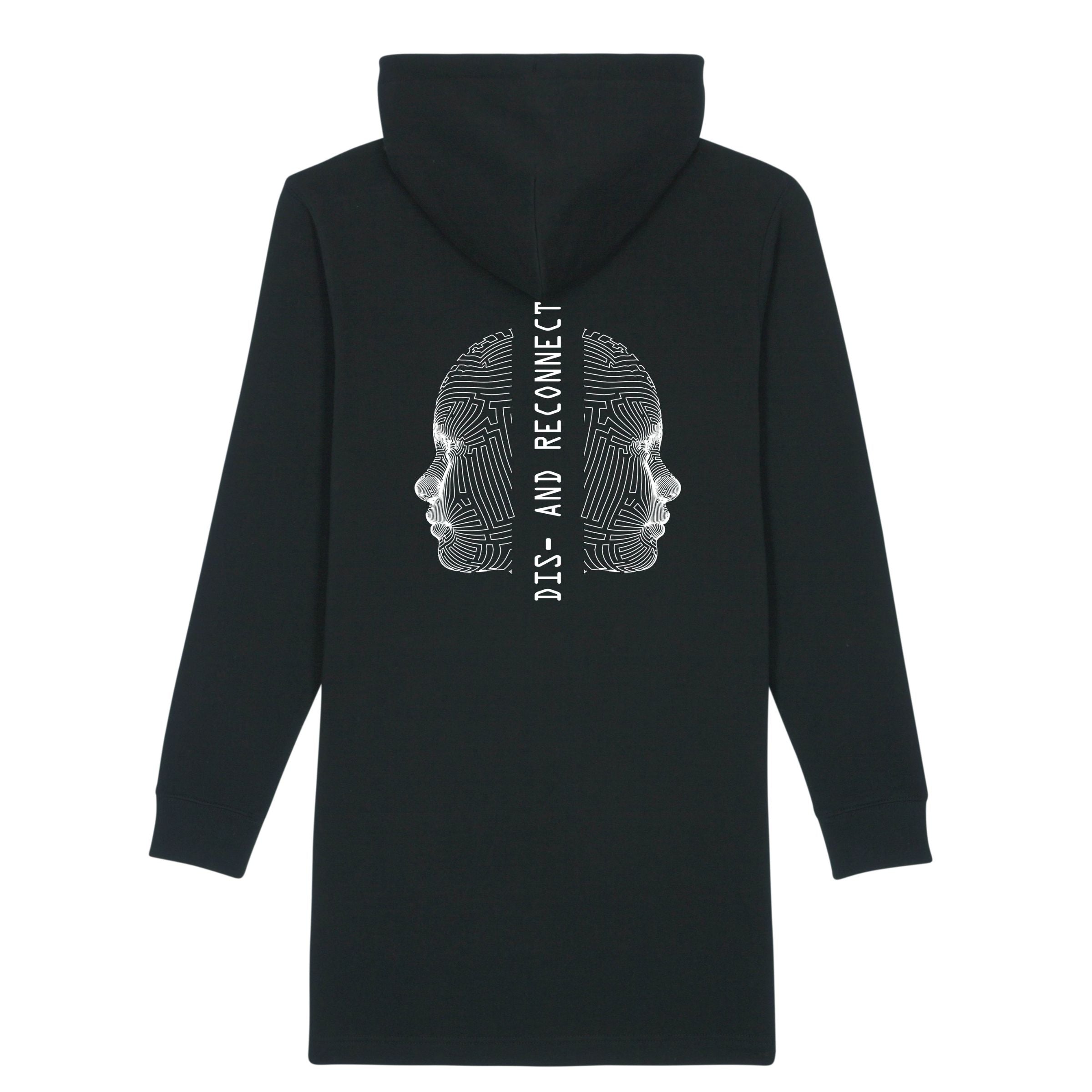 Premium Organic Hoodie-Kleid „Dis-and Reconnect“ schwarz Rückenansicht