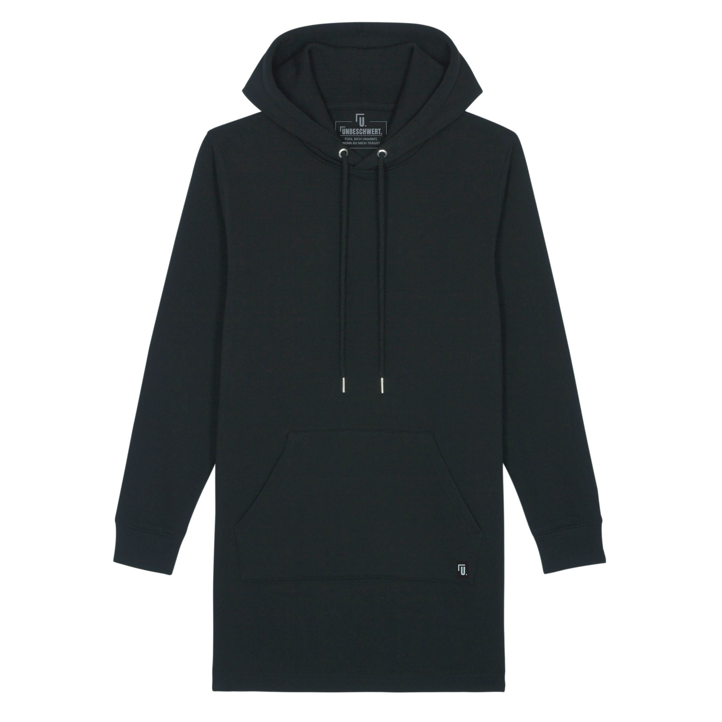 Premium Organic Hoodie-Kleid „Dis-and Reconnect“ schwarz Frontansicht