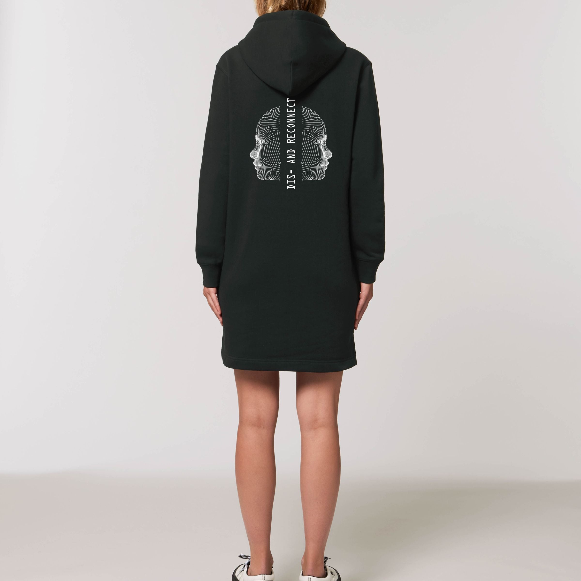 Premium Organic Hoodie-Kleid „Dis-and Reconnect“ schwarz Frau Rückansicht